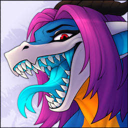 1_eye ambiguous_gender anthro blue_body bodily_fluids cyan_insides forked_tongue hair horn mouth_shot open_mouth pink_hair purple_hair red_eyes saliva saliva_string simple_background solo teeth tongue tongue_out zegzagun mythology aquatic dragon fish hybrid mythological_creature mythological_scalie scalie shark 1:1 hi_res portrait