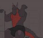 5_fingers anthro big_bulge bulge clothed clothing door erection erection_under_clothing fingers green_eyes horn inside male mostly_nude muscular muscular_anthro muscular_male solo standing tail teeth topless zomacaius mythology syrrik dragon mythological_creature mythological_scalie scalie