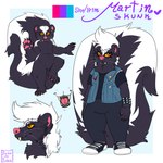 ambiguous_gender anthro clothing fur mouth_shot open_mouth skunk_tail solo text white_body white_fur bardo_en_krisis mammal mephitid skunk 1:1 hi_res model_sheet female_(lore)