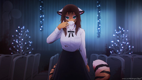 anthro blood blood_on_clothing blood_on_face blouse bodily_fluids bottomwear bow_tie brown_hair claws clothed clothing countershading dipstick_ears dipstick_fingers dipstick_tail ear_markings fangs female fingerless_(marking) fingers fur furgonomics green_eyes hair looking_at_viewer markings multicolored_ears orange_body orange_fur sabertooth_(anatomy) school school_uniform simple_background skirt solo string_lights striped_body striped_fur stripes student tail tail_markings tail_through_skirt teeth text topwear uniform red3engine alex_marx felid mammal pantherine prehistoric_species saber-toothed_tiger tiger 16:9 digital_media_(artwork) hi_res url widescreen