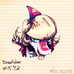 anthro biped blonde_hair blue_eyes bone_frill clothed clothing female frill_(anatomy) front_view hair jacket long_hair looking_at_viewer multicolored_body open_clothing open_jacket open_topwear pattern_background pink_body red_clothing red_jacket red_topwear shirt simple_background solo spiked_jacket striped_background text topwear two_tone_body white_body white_clothing white_shirt white_topwear by:_muun cavemanon_studios i_wani_hug_that_gator mia_moretti dinosaur hadrosaurid ornithischian ornithopod parasaurolophus prehistoric_species reptile scalie 1:1 2025 absurd_res artist_name character_name colored headshot_portrait hi_res portrait