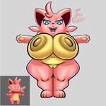 anthro areola big_breasts blue_eyes breasts eyelashes female fur genitals huge_breasts looking_at_viewer multicolored_body navel nipples nude nude_female open_mouth pawpads paws pink_body pink_fur pussy short_stack simple_background smile solo teeth whiskers yellow_underbelly connthicc palworld pocketpair cattiva felid feline mammal pal_(species) 1:1 hi_res signature