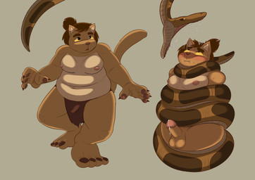 ambiguous_gender anthro asphyxiation balls bottomwear clothing coiling coiling_around_body duo erection feral genitals humanoid_genitalia humanoid_penis imminent_vore loincloth male male/ambiguous obese overweight overweight_male penis young himankumalover futoko domestic_cat felid feline felis mammal python reptile scalie snake hi_res