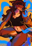 anthro brown_body brown_fur crouching facial_piercing female fur gesture hand_gesture looking_at_viewer navel navel_piercing nose_piercing nose_ring piercing ring_piercing shaka_sign smoke solo mjsty mano_(mjsty) canid canine canis mammal wolf thighs hi_res