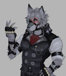 alternative_fashion anthro biped butler claws clothing expressionless fingerless_gloves fur gloves glowing glowing_eyes handwear j-fashion male muscular muscular_anthro muscular_male muzzle_(object) ouji_(fashion) red_eyes solo straps victorian white_body white_fur cottoneater mihoyo zenless_zone_zero von_lycaon canid canine canis mammal wolf