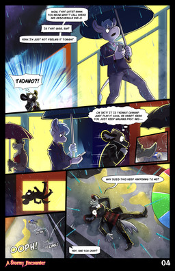 anthro can city container dialogue electronics embarrassed male phone raining slipping speech_bubble street text umbrella wet randoramble aggretsuko sanrio haida_(aggretsuko) tadano_(aggretsuko) asinus donkey equid equine hyena mammal mustelid otter spotted_hyena comic english_text hi_res