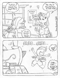 anthro back_wings bottomwear clothed clothed_anthro clothed_female clothing cutie_mark dialogue duo eyelashes female fully_clothed fully_clothed_anthro fully_clothed_female horn joyful jumping necktie poster profanity shorts skirt spandex spandex_shorts speech_bubble sweater sweater_vest text tight_bottomwear tight_clothing tight_shorts topwear train train_station unicorn_horn vehicle vest window wings yelling circe_(artist) friendship_is_magic hasbro my_little_pony mythology rainbow_dash_(mlp) twilight_sparkle_(mlp) equid equine mammal mythological_creature mythological_equine pegasus winged_unicorn comic english_text monochrome