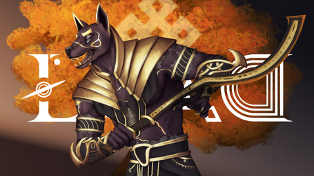 4_eyes abs anthro armor black_body blue_eyes cracks gold_(metal) gold_armor gold_tooth holding_object khopesh male markings melee_weapon multi_eye multicolored_body muscular muscular_anthro muscular_male nipples pecs scar solo standing swinging_weapon sword weapon reterion egyptian_mythology european_mythology load_(reterion) middle_eastern_mythology mythology norse_mythology althomos anubian_jackal canid canine canis jackal mammal yafayaer_(load) 16:9 4k absurd_res hi_res widescreen
