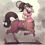 ball breasts brown_body brown_fur brown_hair female fur hair hooves humanoid_pointy_ears pointy_ears ponytail solo tail tail_wraps tennis_ball tennis_racket wraps celebrated_earl european_mythology greek_mythology mythology centaur equid equid_taur humanoid_taur mammal mammal_taur taur 2019 absurd_res hi_res