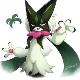 ambiguous_gender anthro claws fangs green_body handpaw leg_tuft mask narrowed_eyes paws pink_eyes pink_nose pseudo_clothing short_tail simple_background smile solo tail teeth thigh_tuft tuft white_background hannaee9 nintendo pokemon generation_9_pokemon meowscarada pokemon_(species) 1:1 2025 digital_drawing_(artwork) digital_media_(artwork) hi_res