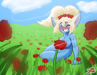 blonde_hair blue_body blue_fur blush breasts convenient_censorship eyebrows eyes_closed female floral flower flower_crown flower_field flower_garland fur garland grass hair head_wreath nude nude_female nude_humanoid outside plant poppy_(flower) raised_eyebrows sitting sky smile solo teeth wind daclusia league_of_legends riot_games tencent poppy_(lol) humanoid yordle 2019