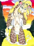 1996 anthro bikini blonde_hair blue_eyes breasts clothed clothing cloud ear_piercing ear_ring eyelashes female fur giraffe giraffid hair hoop_ear_ring horn long_hair looking_at_viewer makeup mammal mountain oscar_marcus ossicone outside piercing pinup pose red_sky ring_piercing sea skimpy sky smile solo sunset swimwear tail tail_tuft topless towel towel_around_neck tuft two-piece_swimsuit water wet