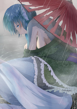 asian_clothing blue_body blue_eyes blue_hair blue_scales breasts clothed clothed_female clothing ear_fins east_asian_clothing female fin frilly frilly_clothing green_clothing green_kimono hair hanging_breasts japanese_clothing kimono looking_at_viewer no_bra off_shoulder partially_submerged raining scales side_boob smile solo split_form umbrella water edf_(pixiv) touhou wakasagihime aquatic merfolk 2018 hi_res