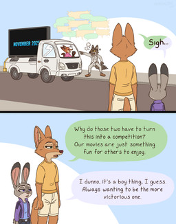 anthro biped brown_body brown_fur clothed clothing dialogue dipstick_ears duo ear_markings eyebrows female fur group male multicolored_ears open_mouth open_smile orange_body orange_fur pink_clothing pink_shirt pink_topwear shirt smile speech_bubble tail text topwear vehicle aar0njay disney dreamworks the_bad_guys zootopia diane_foxington judy_hopps mr._wolf_(the_bad_guys) nick_wilde canid canine canis fox lagomorph leporid mammal rabbit wolf 2025 comic english_text hi_res multiple_scenes