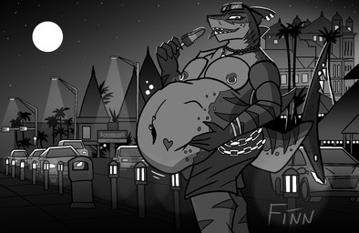 abdominal_bulge anthro belly big_belly male male_pred navel navel_piercing nipple_piercing nipples piercing same_size_vore sharp_teeth teeth vore hauskahai aquatic fish shark hi_res monochrome