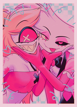 1_eye blep clothed clothing duo female male sharp_teeth teeth tongue tongue_out enaic31 hazbin_hotel hellaverse angel_dust cherri_bomb_(hazbin_hotel) arachnid arthropod cyclops demon demon_humanoid humanoid spider absurd_res hi_res