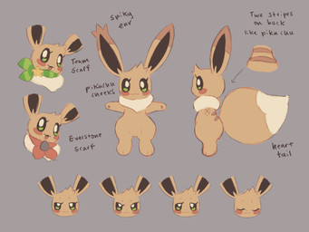 anthro brown_body brown_fur female fur green_eyes grey_background multiple_angles open_mouth semi-anthro simple_background smile solo tan_body tan_fur text clockstops3am conditional_dnp nintendo pokemon pudi_(labbit) eevee generation_1_pokemon hybrid pikachu pokemon_(species) 2022 4:3 english_text hi_res model_sheet
