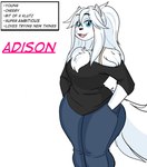 blue_eyes bottomwear clothing denim denim_bottomwear denim_clothing female fur hair hands_in_both_pockets jeans open_mouth open_smile pants shirt smile solo text topwear white_body white_fur white_hair jwinkz adison_(jwinkz) arctic_fox canid canine fox mammal true_fox 2018 absurd_res english_text hi_res model_sheet