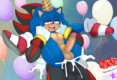 abdominal_bulge anthro balloon balls birthday blush bodily_fluids cake clothing cum cum_from_ass cum_in_ass cum_inside cumshot dessert duo ejaculation erection food footwear full_nelson full_nelson_(legs_held) genital_fluids genitals gloves half-closed_eyes handwear hat headgear headwear humanoid_genitalia humanoid_penis inflatable male male/male narrowed_eyes open_mouth party_hat pecs penis sex shoes standing standing_sex lukastarfall sega sonic_the_hedgehog_(series) shadow_the_hedgehog sonic_the_hedgehog eulipotyphlan hedgehog mammal 2026 absurd_res digital_media_(artwork) hi_res