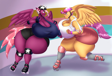 aged_up anthro arm_pads armor big_breasts big_butt bottomwear bra breasts butt clothing competition competitive duo female footwear hair headgear helmet huge_breasts huge_butt knee_pads multicolored_hair orange_body pink_eyes pink_tail purple_body purple_eyes purple_hair purple_tail quad_skates roller_rink roller_skates shorts skating sport sports_bra sportswear tail tomboy underwear wings blues64 marauder6272 friendship_is_magic hasbro my_little_pony mythology fan_character scootaloo_(mlp) equid equine mammal mythological_creature mythological_equine pegasus 2023 hi_res