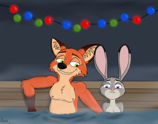 anthro armpit_hair bodily_fluids body_hair duo female half-closed_eyes hot_tub male male/female narrowed_eyes nipples nude shy sitting_in_bathtub smile sweat rasik disney zootopia judy_hopps nick_wilde canid canine fox lagomorph leporid mammal rabbit absurd_res hi_res