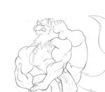 2013 5_fingers anthro big_muscles bottomwear canid canine canis clothing eyes_closed fingers grin huge_muscles kiba_ookami loincloth male mammal monochrome muscular muscular_anthro muscular_male sachiel_666 sketch sleeveless_shirt smile solo wolf