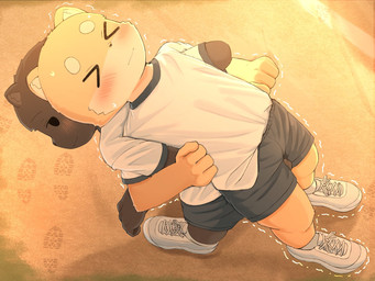 4_fingers anthro black_body black_fur blush bodily_fluids bottomwear clothing duo embarrassed exercise eyes_closed fingers fist footwear fur happy looking_at_another looking_back looking_back_at_another male shaking shirt shorts sweat topwear trembling white_clothing white_shirt white_topwear young young_anthro young_male nemutaro takuto-kun canid canine canis domestic_dog mammal 2025 4:3 hi_res japanese_description