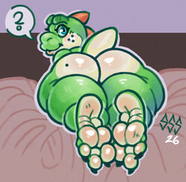 3_toes ambiguous_gender anthro bed bed_covers bed_sheet bedding bedroom big_butt blue_eyes butt chubby_cheeks confusion countershade_butt countershade_feet countershade_neck countershading feet foot_fetish foot_focus freckled_face freckles furniture glistening glistening_body glistening_butt glistening_feet green_body lips looking_at_viewer looking_back markings mole_(marking) rear_view short_tail slightly_chubby slightly_chubby_anthro solo tail thick_lips thick_thighs toes suns3tstudios mario_bros nintendo green_yoshi yoshi hi_res