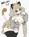 anthro big_breasts biped black_clothing black_eyes black_legwear black_thigh_highs braided_hair breasts cleavage clothed clothing female grey_hair hair legwear looking_at_viewer paw_pose pigtails pokemorph pose pupils simple_background slit_pupils smile smiling_at_viewer snaggle_tooth solo thigh_highs twin_braids white_background togetoge nintendo pokemon generation_1_pokemon meowth pokemon_(species) 2023 hi_res