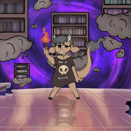 3_fingers alternative_fashion ambiguous_gender anthro big_tail biped book bookshelf bottomless broken_horn brown_body brown_fur choker claws clothed clothing cross detailed_background ear_piercing fingers fire fur furniture goth grey_hair grey_horn hair holding_object holding_torch hooves horn inverted_cross jewelry necklace open_mouth piercing shirt solo space standing tail tail_tuft teeth text text_on_clothing text_on_shirt text_on_topwear topwear torch tuft manitka manitka_storm bovid bovine cattle mammal 1:1 2021 digital_media_(artwork) english_text hi_res nonbinary_(lore)
