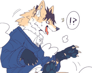 anthro blue_pawpads brown_hair claws clothed clothing fangs feral fur hair human_to_feral interrobang male pawpads paws solo species_transformation surprised teeth tongue tongue_out topwear transformation white_body white_fur yellow_body yellow_fur juutton canid canine canis mammal wolf hi_res