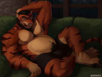 anthro beard belly boxers_(clothing) clothing facial_hair fur furniture hairy inside lounging male musclegut muscular muscular_male navel night nipples orange_body orange_fur relaxing sofa solo stripes tail tongue underwear whiskers otterboxed felid feline humanoid mammal pantherine tiger painting_(disambiguation) 4:3 absurd_res hi_res