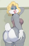 anthro biped blonde_hair breasts butt clothed clothing crossgender female fur grey_body hair holding_butt looking_at_viewer pupils smile usnarbit looney_tunes warner_brothers bugs_bunny lagomorph leporid mammal rabbit hi_res