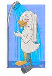 amputee anthro bathing disability feathers female hair long_hair missing_leg nude open_mouth open_smile prosthetic prosthetic_leg prosthetic_limb relaxing showering smile solo wet wet_body wet_feathers wet_hair kinkypeach disney ducktales ducktales_(2017) della_duck anatid anseriform avian bird duck hi_res