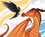 ambiguous_gender beak black_body black_feathers blue_eyes brown_horn claws duo feathered_wings feathers feral flying horn looking_at_another membrane_(anatomy) membranous_wings midair open_beak open_mouth orange_body orange_scales red_body red_scales scales size_difference snout tail teeth wing_claws wings yellow_beak trunswicked european_mythology guardians_of_ga'hoole mythology wings_of_fire lutta_(gogh) peril_(wof) dragon hagsfiend mythological_creature mythological_scalie scalie skywing_(wof) western_dragon 2023 crossover digital_drawing_(artwork) digital_media_(artwork)