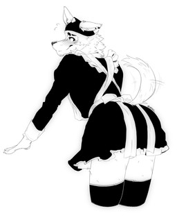 anthro apron blush butt claws clothed clothing crossdressing dress ear_piercing eyebrows fur furgonomics hat headgear headwear legwear looking_back maid_uniform male motion_lines piercing rear_view ribbons simple_background smile solo standing sweatdrop_(iconography) tail tail_motion tailwag thigh_highs tuft uniform white_background ursso_(artist) epic_games fortnite wendell_(fortnite) canid canine canis mammal wolf 2025 black_and_white hi_res monochrome