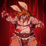 anthro barbarian blood bodily_fluids bottomwear clothing hair half-closed_eyes loincloth long_fangs long_hair male muscle_tone musclegut muscular muscular_anthro muscular_male narrowed_eyes pants pecs red_background simple_background slightly_chubby slightly_chubby_anthro slightly_chubby_male snarling solo wristband lapinbeau arthur_(lapinbeau) lagomorph leporid mammal rabbit hi_res
