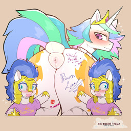 anus armor blue_hair blush crossgender equine_anus eyelashes female feral ftm_crossgender group hair headgear helmet looking_back male mouth_closed multicolored_hair open_mouth puffy_anus pupils quadruped size_difference tail thick_thighs trio white_body cold-blooded-twilight friendship_is_magic hasbro my_little_pony two_soyjaks_pointing princess_celestia_(mlp) equid equine mammal 1:1 2025 hi_res
