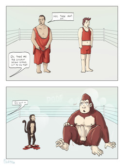 after_transformation auburn_fur balls boxing_attire brown_body brown_fur clothing dialogue duo erection exposed feet feral fighting_ring forced forced_transformation fur genitals glans ill-fitting_clothing male mistake nude offscreen_character oversized_clothing penis poof_transformation prehensile_feet prehensile_tail shocked size_difference species_transformation tail text tight_clothing toes torn_clothing transformation mulveyyy ape gorilla haplorhine human mammal monkey primate 3:4 absurd_res comic english_text hi_res