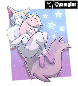 anthro cosmic_background femboy floating hug male plushie smile star yamgler canid canine fennec_fox fox mammal true_fox hi_res