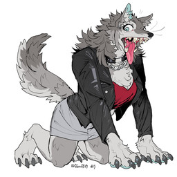 all_fours anthro big_teeth blue_eyes bodily_fluids bottomwear breasts claws clothed clothed_female clothing ear_piercing ear_ring fangs female fluffy fluffy_tail fully_clothed fully_clothed_female fur grey_body grey_fur jacket leather leather_clothing leather_jacket leather_topwear open_mouth piercing ring_piercing saliva sharp_teeth shirt skirt solo tail teeth tongue tongue_out topwear ggnn_(artist) bang_dream! umiri_yahata canid canine canis mammal wolf 1:1 hi_res