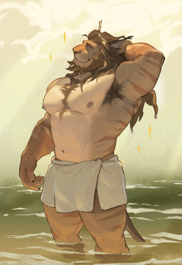 anthro barbell_piercing brown_hair clothed clothing ear_piercing eyes_closed fangs fur hair male mane muscular muscular_anthro muscular_male nipple_barbell nipple_piercing nipples partially_submerged pecs piercing sabertooth_(anatomy) solo stripes tail tan_body tan_fur teeth topless topless_anthro topless_male water 0rang3 felid lion mammal pantherine 2026 absurd_res digital_media_(artwork) hi_res signature