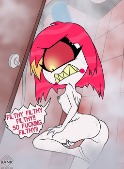 1_eye areola bathing bathroom breasts butt female grey_nipples hair nipples nude nude_female profanity red_hair red_sclera sharp_teeth shower showering small_breasts solo teeth yellow_eyes thedispenser69 hazbin_hotel hellaverse niffty_(hazbin_hotel) cyclops demon humanoid absurd_res hi_res