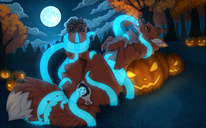 animal_genitalia animal_vulva anus aroused aroused_female bdsm bedroom_eyes blue_tentacle_tip blue_tentacles bondage bound canine_genitalia canine_vulva chest_tuft cloud dipstick_tail faux_gaping faux_gaping_pussy female feral forest forest_sex fullmoon fur genitals grass holidays jack-o'-lantern light lying markings moon moonlight narrowed_eyes night on_back oral oral_penetration orange_eyes orange_glow outside paintbrush_tail penetration plant red_body red_fur restrained seductive sex sky solo star starry_sky tail tail_markings tentacle_in_mouth tentacle_in_vagina tentacle_penetration tentacle_sex tentacles tree tuft vaginal vaginal_penetration vulva white_body white_clouds white_fur white_tail_tip a.o.kigahara_(artist) taka_(artist) halloween kate_(lunarbloodwolf) canid canine canis fox mammal red_fox true_fox artist_collaboration hi_res