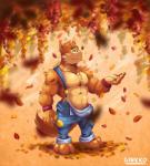 anthro barefoot biped brown_body brown_fur clothed clothing feet fur leaf looking_up male muscular muscular_anthro muscular_male overalls solo standing tan_body tan_fur toony wristband ginkko wuffle_(webcomic) wuffle canid canine canis mammal wolf hi_res