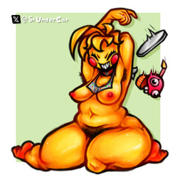 areola armpit_hair beakless bib black_armpit_hair black_pubes blonde_hair blush blush_stickers body_hair breasts clothing cupcake eyebrows eyelashes eyes_closed female food grin hair hands_behind_head ineffective_clothing machine navel nipples orange_areola orange_nipples plate pubes rosy_cheeks sharp_teeth short_hair sitting smile teeth teeth_showing thick_thighs wide_hips srundercar five_nights_at_freddy's five_nights_at_freddy's_2 scottgames cupcake_(fnaf) toy_chica_(fnaf) animatronic avian bird chicken galliform phasianid robot 1:1 absurd_res hi_res