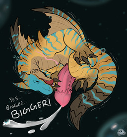 bodily_fluids body_size_growth cum dialogue ejaculation feral genital_fluids genitals growth_lines macro male masturbation penile_spines penis size_transformation solo terra_macro transformation universe flippin-rad capcom monster_hunter grev_(greviste) flying_wyvern tigrex hi_res