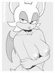 anthro big_breasts black_nose border breasts female nipples solo white_border reishuseyu sega sonic_the_hedgehog_(series) rouge_the_bat bat mammal monochrome