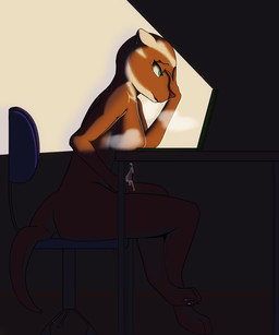 anthro bodily_fluids breast_rest breasts bright_light brown_body brown_fur chair computer crossed_legs cum cum_on_hand cum_on_penis ear_piercing ear_ring ejaculation electronics fur furniture genital_fluids genitals green_eyes gynomorph hand_on_face hand_on_penis inside intersex laptop masturbation on_chair pale_fur pawpads penile penile_masturbation penis piercing ring_piercing sitting sitting_on_chair solo tail tapering_penis burnyburnstein penny_(burnyburnstein) mammal mustelid 5:6 absurd_res digital_media_(artwork) hi_res trans_(lore) trans_woman_(lore)