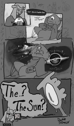 1_eye ambiguous_gender anthro black_hole bodily_fluids clothing dialogue duo electronics game_console sketch_background space_heater sweat sweater sweating_profusely text topwear double_slime jebediah_vouxler_(double_slime) julian_vouxler_(double_slime) goo_creature 4koma absurd_res comic english_text greyscale hi_res monochrome sketch